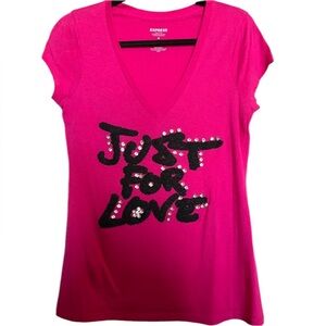 Express Hot Pink With Black Embellished Lettering Cap Sleeve Graphic Tee Medium